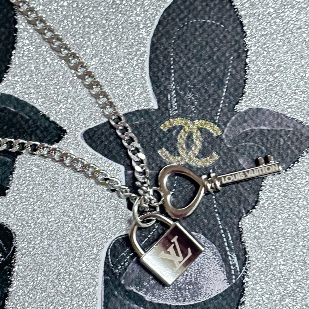 Louis Vuitton Silver Necklace with Key and Lock Charms